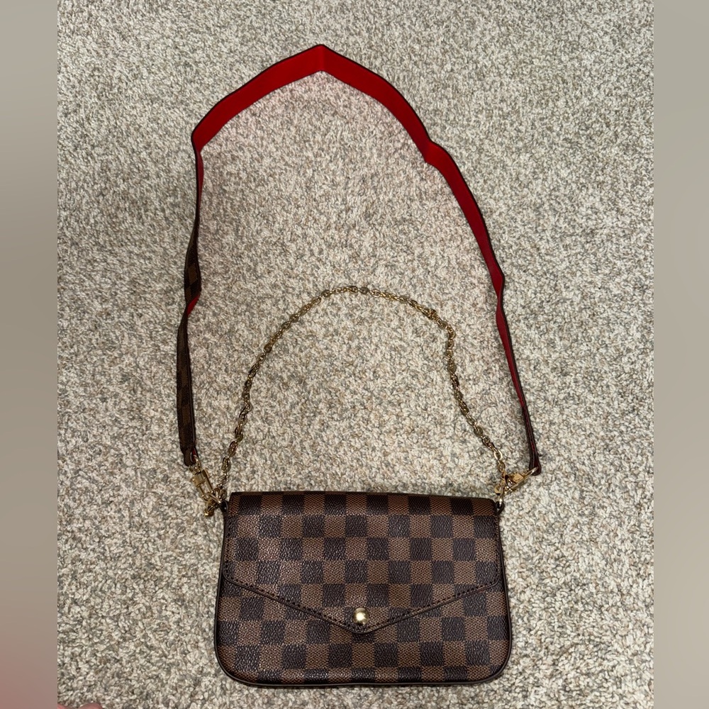 Checkered Brown Crossbody Bag with Red Accents